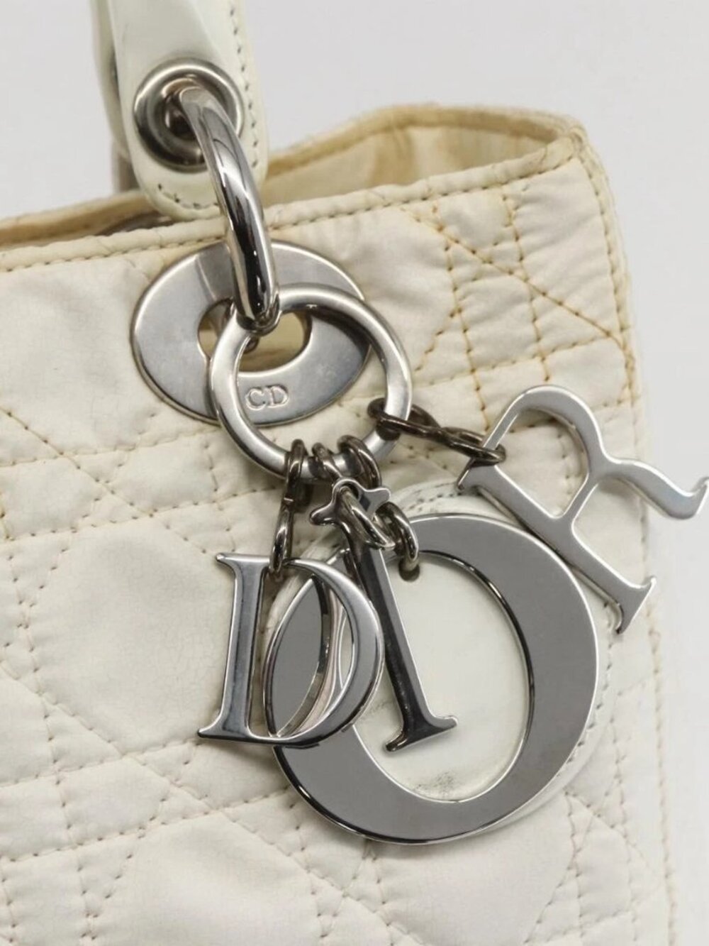 Christian Dior Lady Dior Canage Hand Bag Nylon White Silver Auth 158966 - Picture 10 of 16